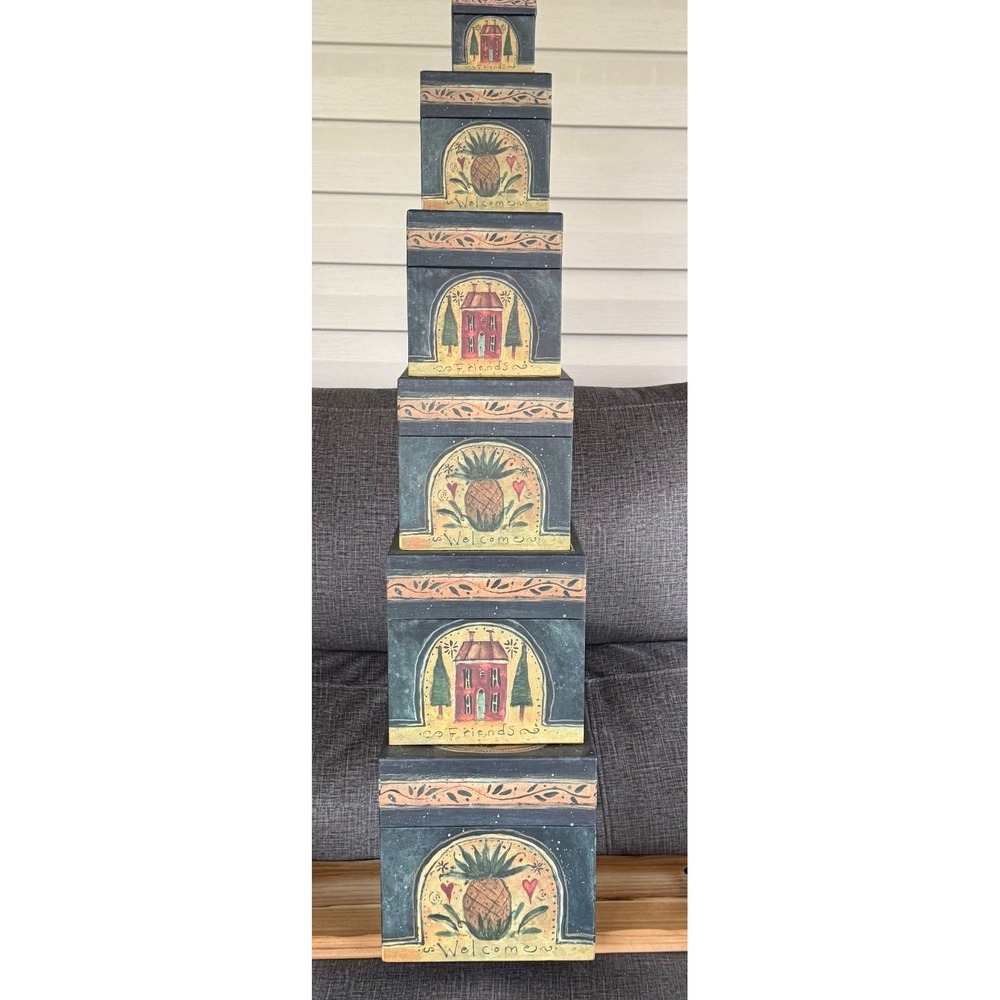 Primative Stacking Boxes (7), Welcome Friends by R.A. Lang Card Co - Picture 1 of 4